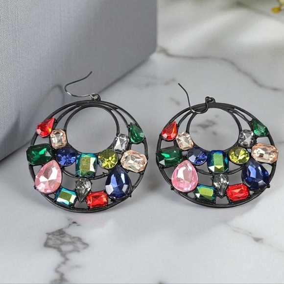 Colorful Fuax Gemstone Black Tone  Big  Earrings - Picture 17 of 17